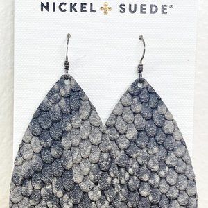 Nickel and Suede Medium Teardrop Leather Earrings Dark Grey Python